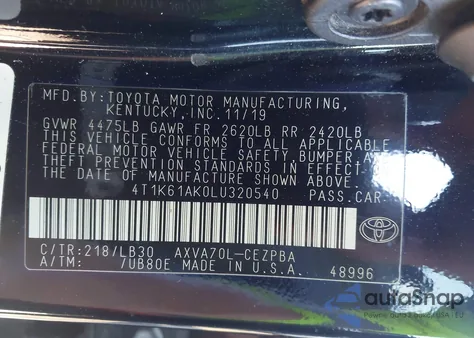 2020 Toyota Camry Xse from USA, damaged, VIN 4T1K61AK0LU320540